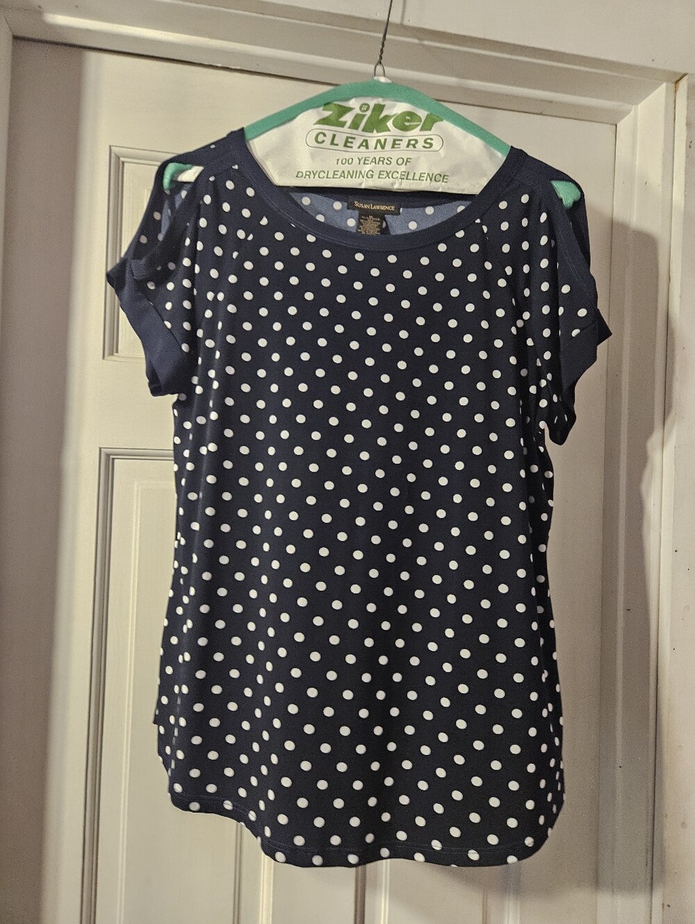 White Polka Dot Navy Short Sleeve Top - Susan Lawrence